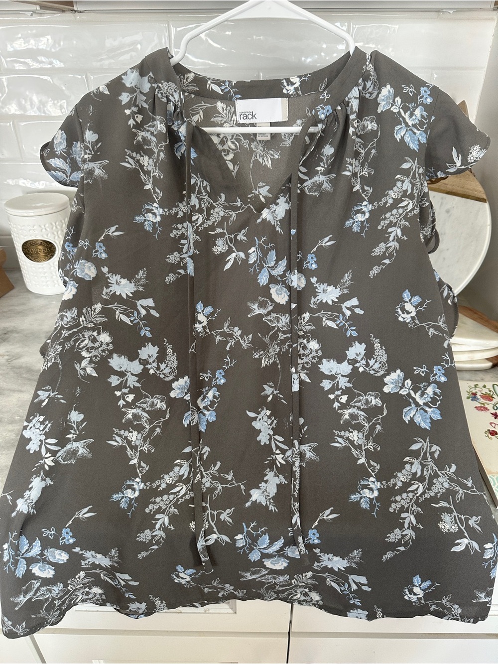 Tie-Neck Floral Blouse in Charcoal with Light Blue Accents